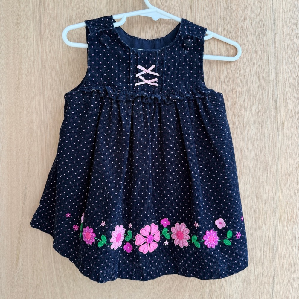Navy Blue Corduroy Pink Polka Dot Jumper Dress Bows Cottagecore Baby Girl 12M